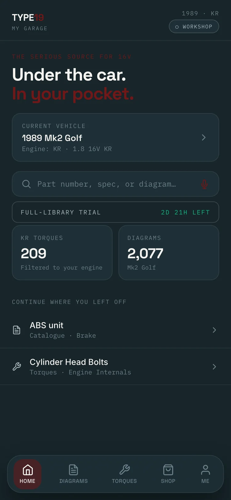 The Type 19 Specialists app — home screen with your car's torque figures and factory diagrams