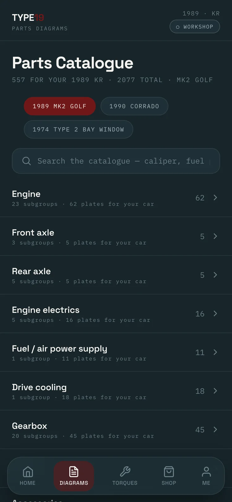 Parts catalogue contents page listing engine, axles, gearbox and body sections exactly like the printed factory catalogue