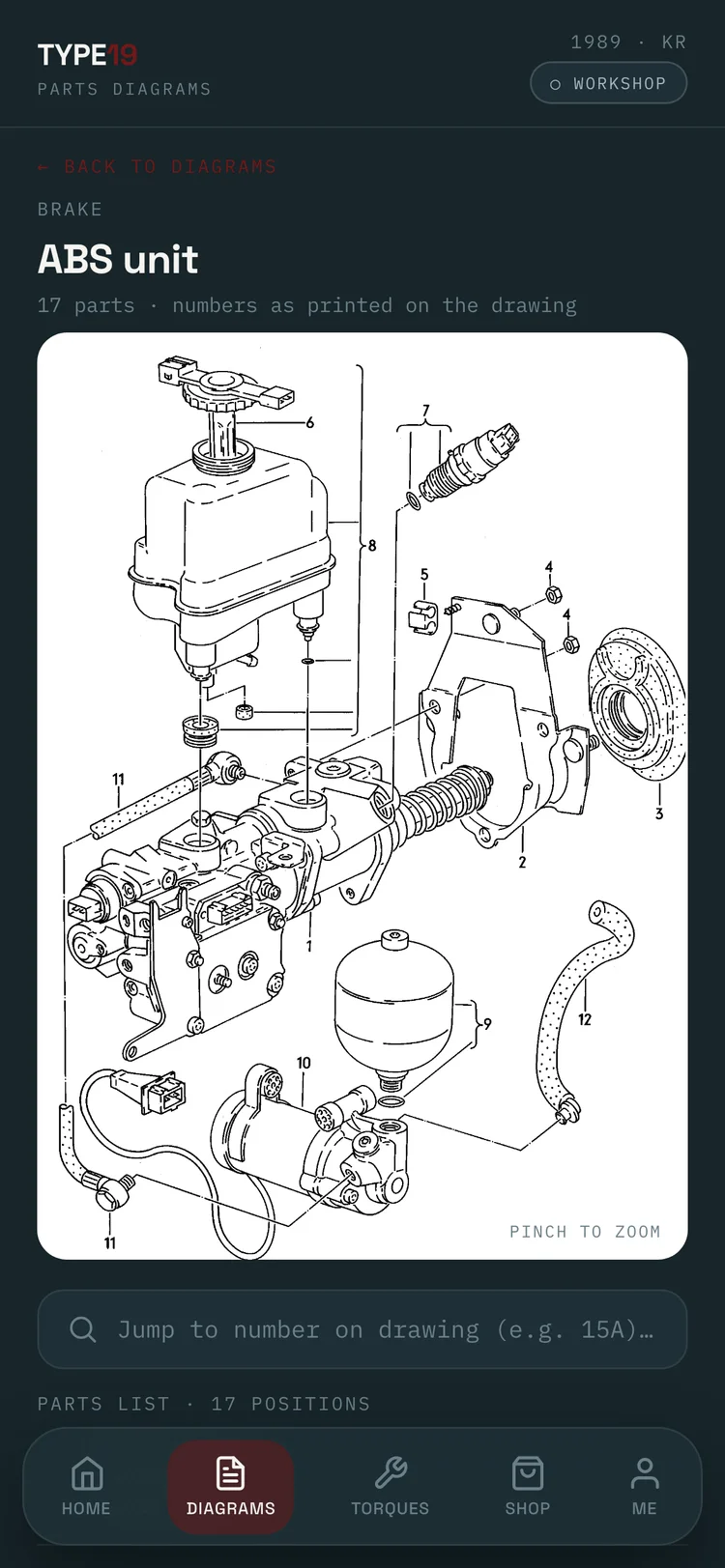 ABS unit exploded factory drawing with 17 numbered positions and the jump-to-number parts list below