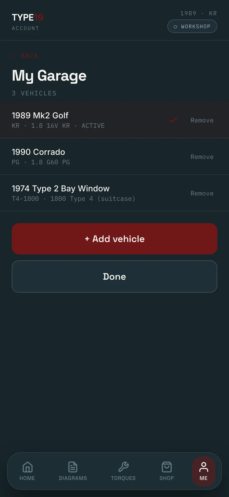Garage screen with three vehicles: 1989 Mk2 Golf KR, 1990 Corrado G60 and 1974 Type 2 Bay Window