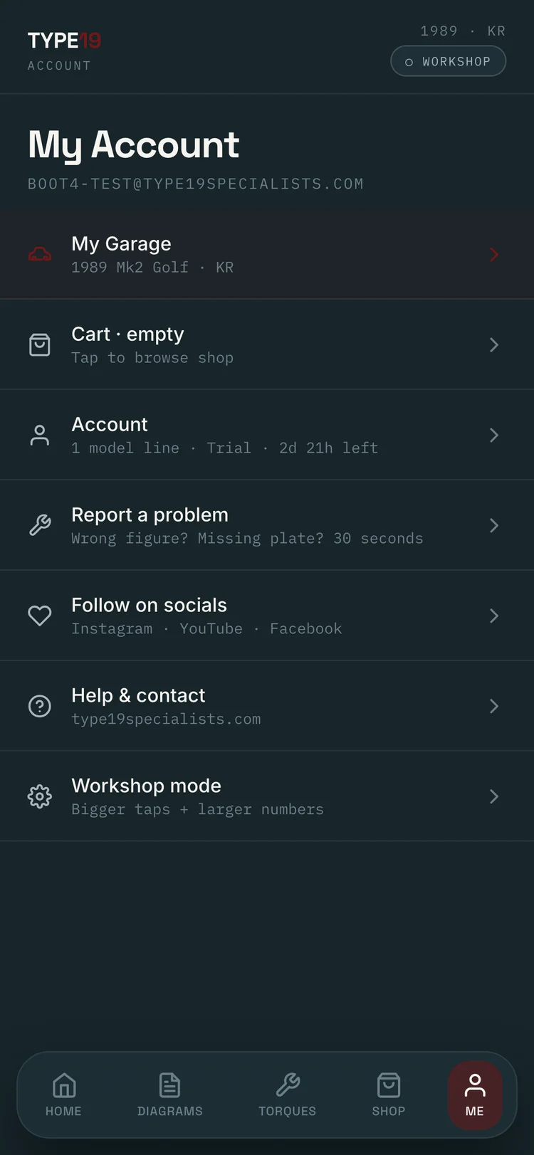Account screen showing the free trial countdown and garage backed up across devices