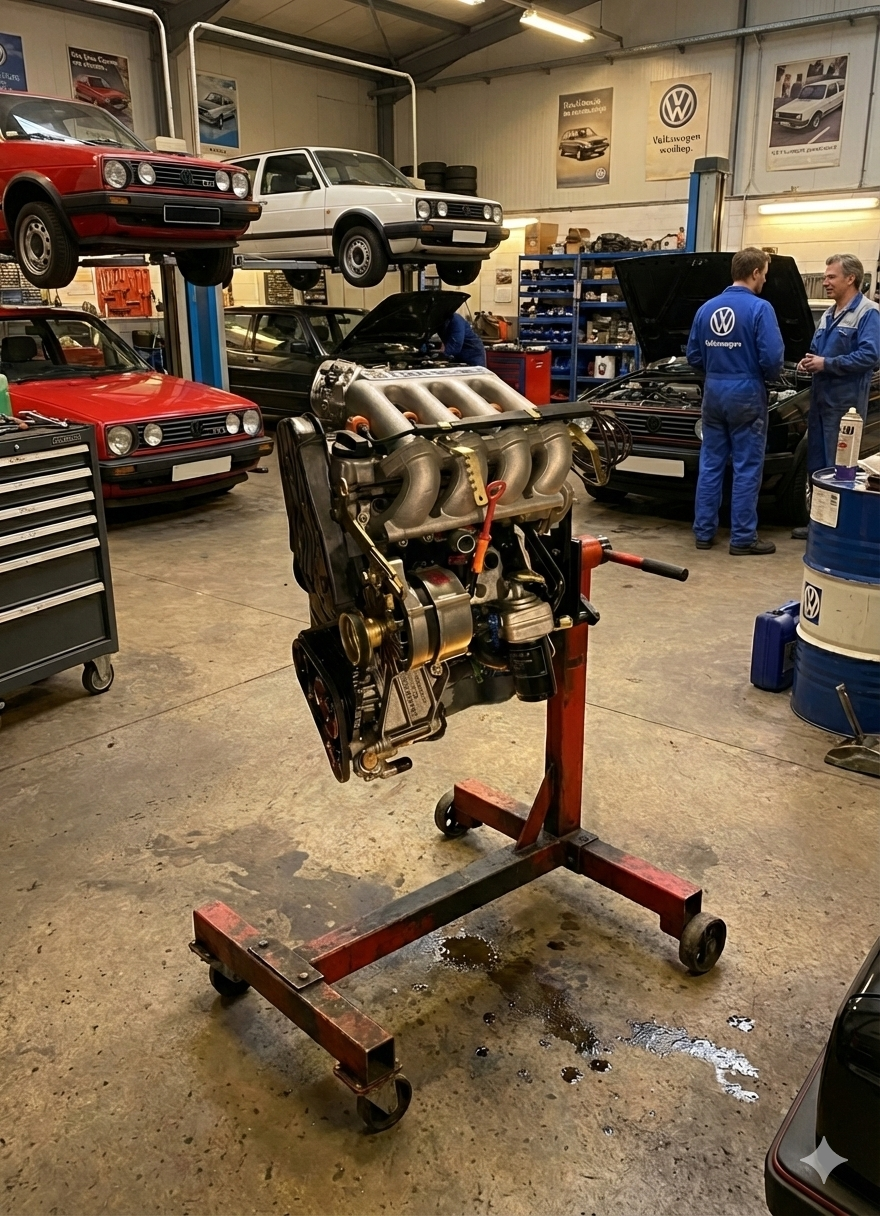 16V engine on stand in the Type 19 workshop with MK2 Golfs in background