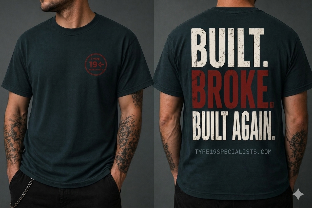 Type 19 Specialists tee — distressed Built. Broke. Built Again. back print on black cotton