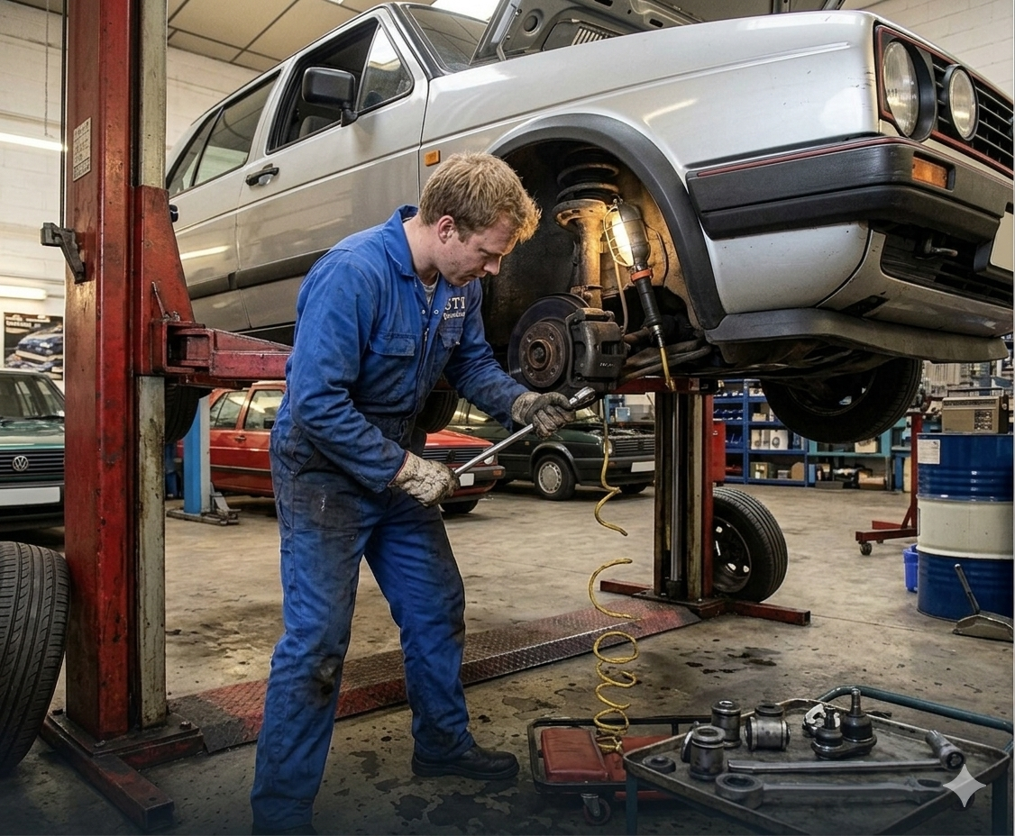 Type 19 mechanic in VW overalls working underneath a silver MK2 Golf raised on the workshop lift — wheel-off, brake / suspension service in progress