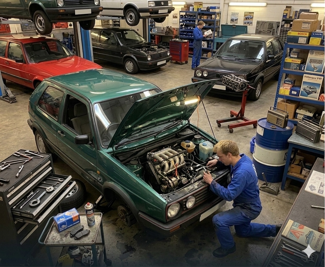 Wide view of the Type 19 workshop in Lancaster — green MK2 Golf 16V being worked on with bonnet up, fellow mechanic in the bay behind, parts shelving and tooling visible