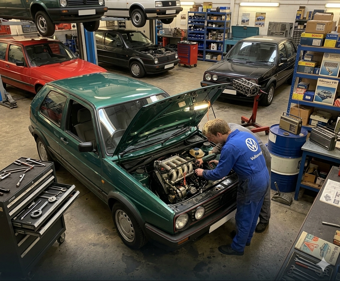 Type 19 mechanic in VW workshop overalls working under the bonnet of a green MK2 Golf 16V, with red and grey MK2s on the lifts behind and a brown MK2 Country in the bay — Lancaster workshop
